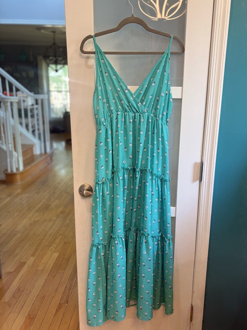 Boho Tiered V-Neck Summer Maxi Dress in Teal Floral lined. Never worn NWOT - Picture 10 of 11